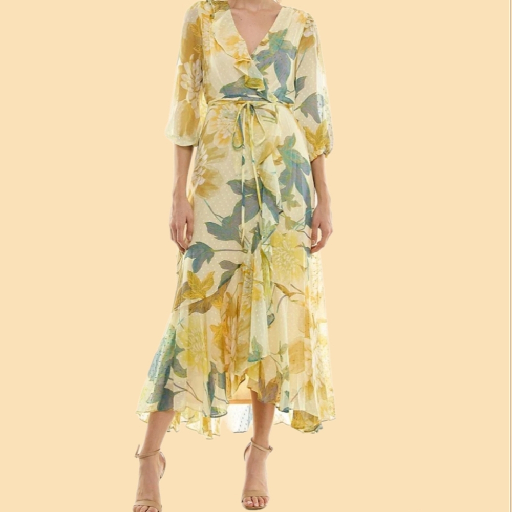 Maison Tara 3/4 Sleeve V-Neck Floral Chiffon Faux Wrap Maxi Dress